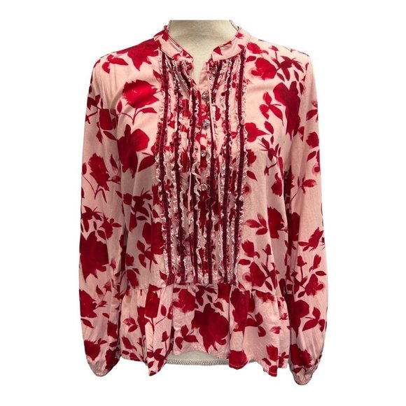 Matilda Jane Blouse Womens M Miri Floral Print Ruffle Red Pink Casual Ladies - Picture 1 of 7